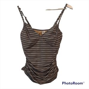 Garnet Hill 6 ruched striped tankini bathing suit top built in bra v neck